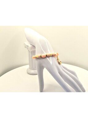 Pink And Gold Tone Beaded Stretch Bracelet With Seahorse Charm